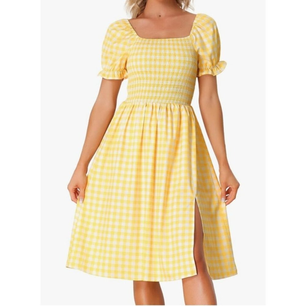 Allegra K Womens Yellow Gingham Puff Sleeve Midi Dress Side Slit Size Med Casual